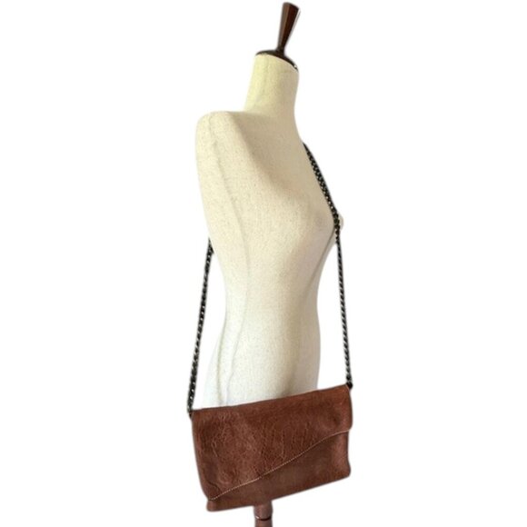 MAXON COLLECTION Brown Worn Textured Leather Crossbody Bag Chain Made in Italy - Picture 2 of 16